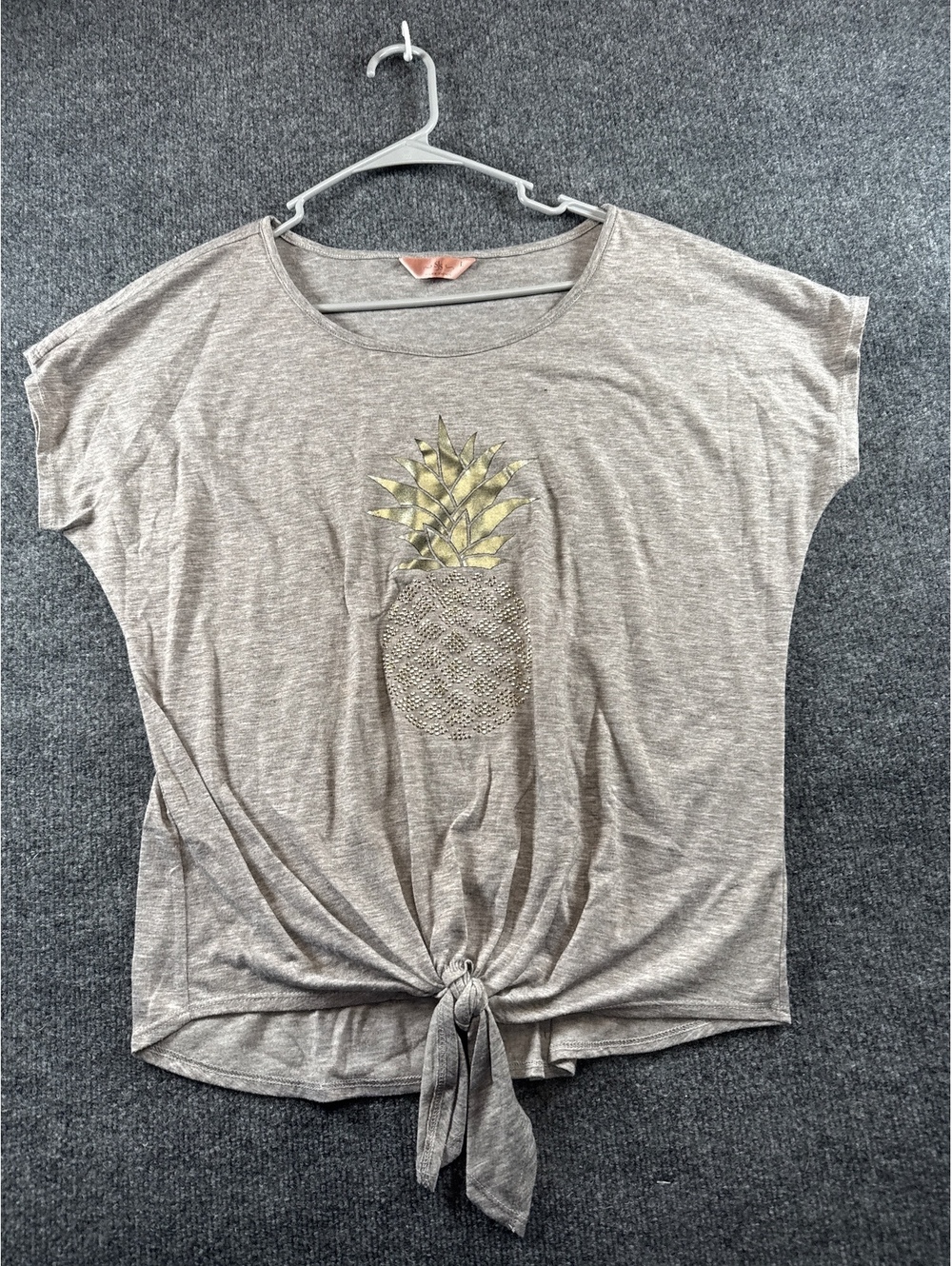 SLS Womens L Gray Pineapple Rhinestone Tie Front Top Short Sleeve